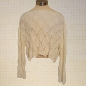 Oversized Textured Knit Cropped Cardigan Wide Oval Neck L XL White Sweater